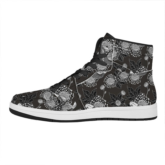 Koi Carp And Chrysanthemum Pattern Print High Top Leather Sneakers