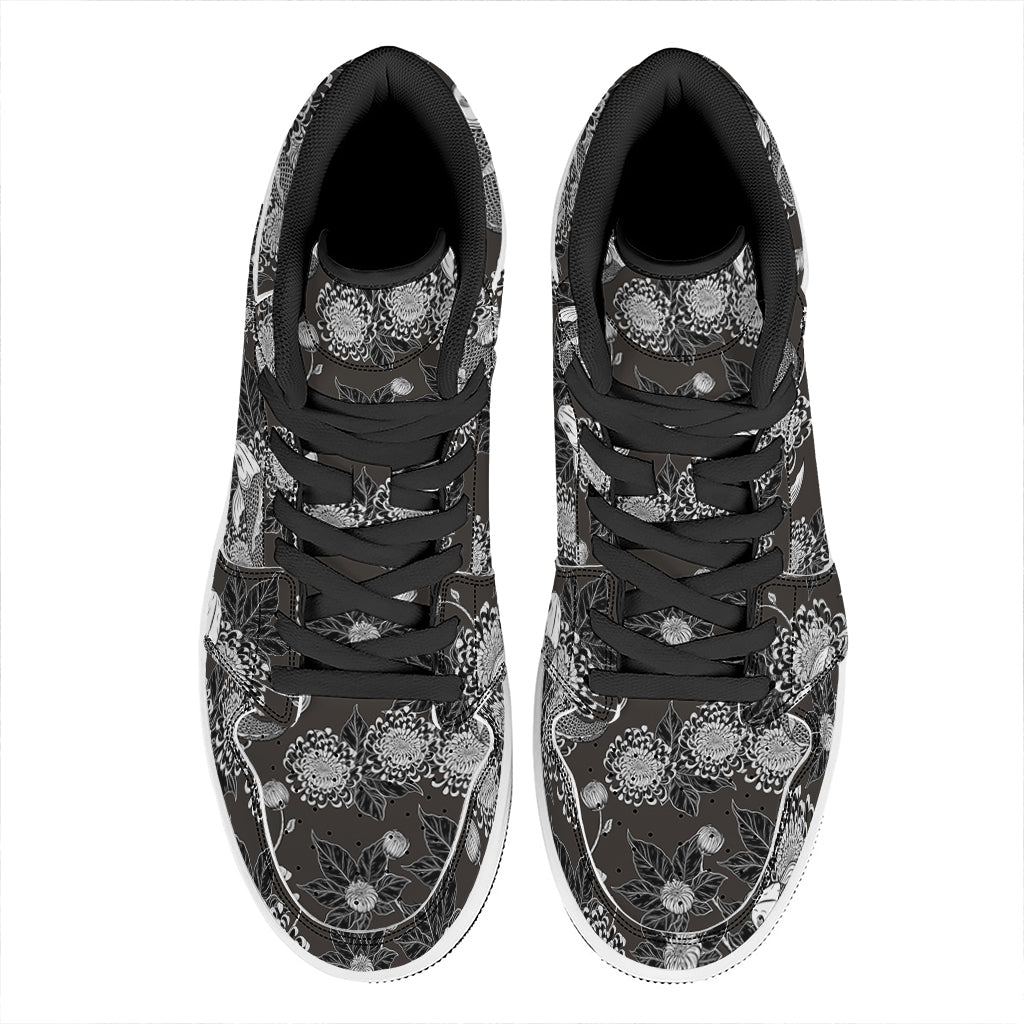 Koi Carp And Chrysanthemum Pattern Print High Top Leather Sneakers