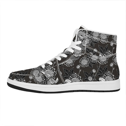 Koi Carp And Chrysanthemum Pattern Print High Top Leather Sneakers