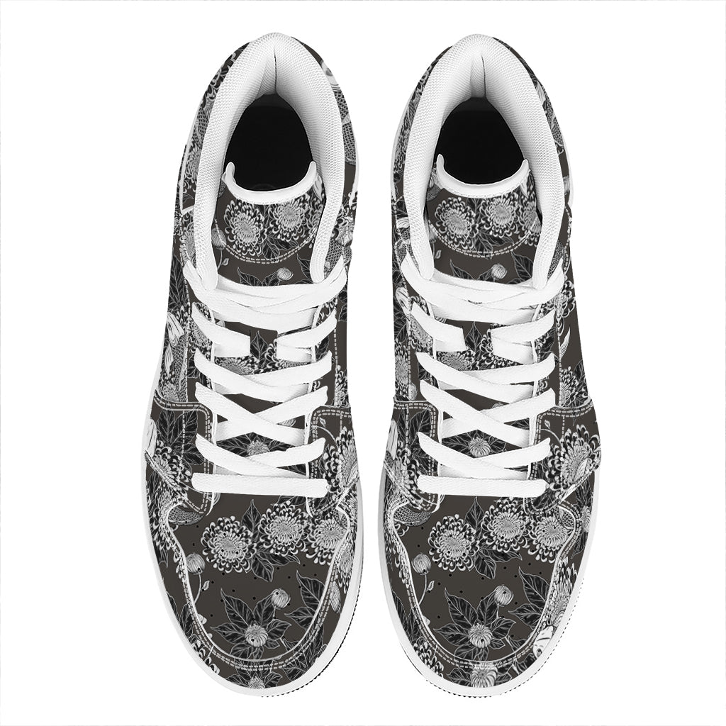 Koi Carp And Chrysanthemum Pattern Print High Top Leather Sneakers