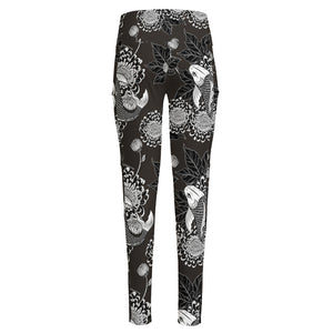 Koi Carp And Chrysanthemum Pattern Print High-Waisted Pocket Leggings