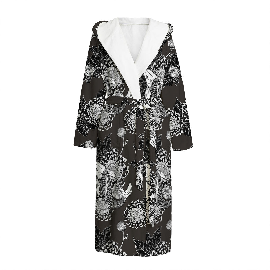 Koi Carp And Chrysanthemum Pattern Print Hooded Bathrobe