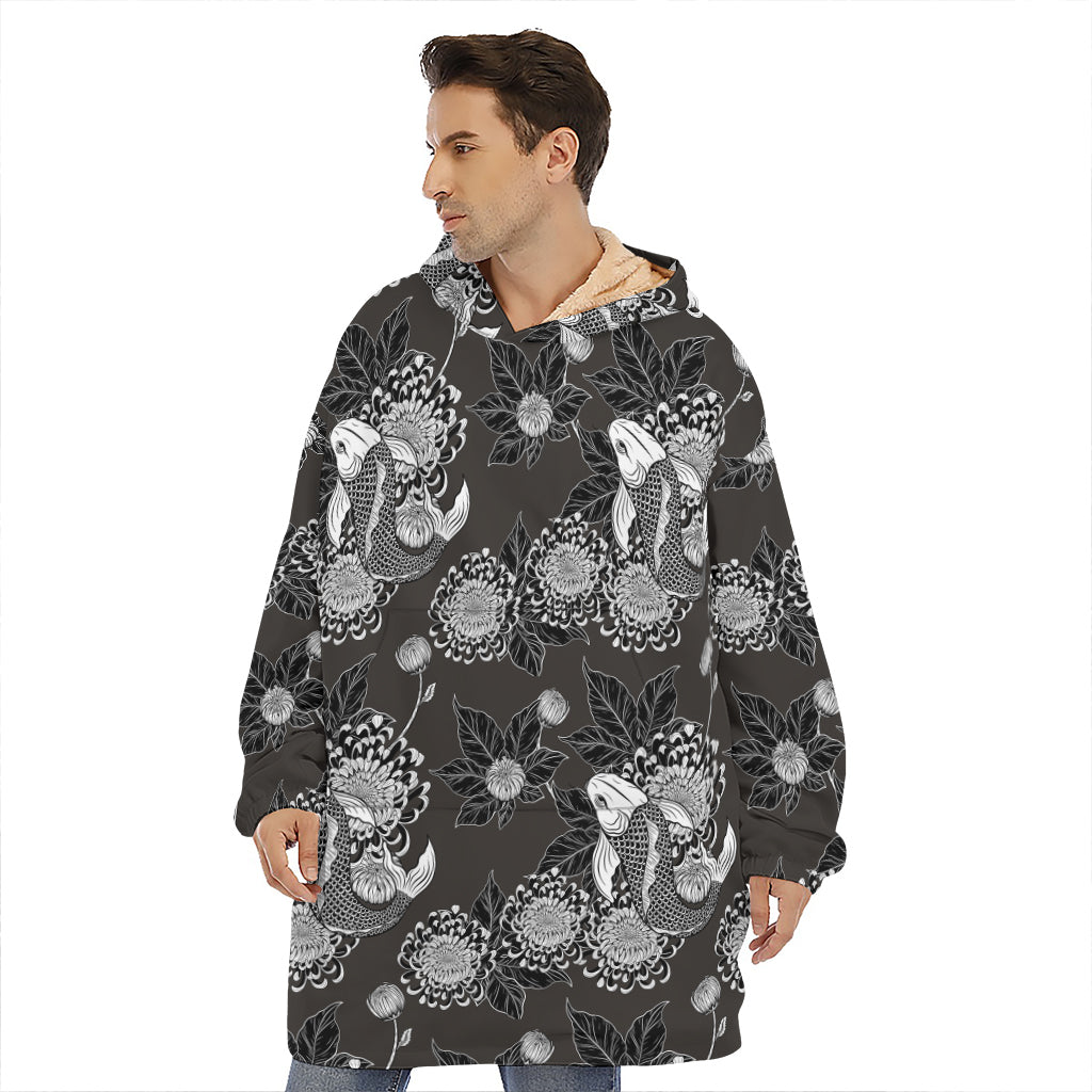 Koi Carp And Chrysanthemum Pattern Print Hoodie Blanket