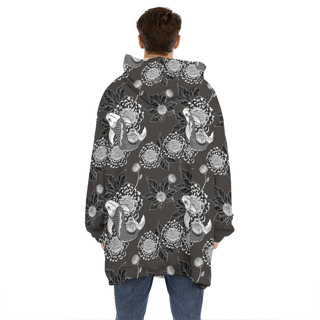 Koi Carp And Chrysanthemum Pattern Print Hoodie Blanket
