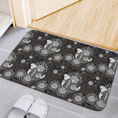 Koi Carp And Chrysanthemum Pattern Print Indoor Door Mat