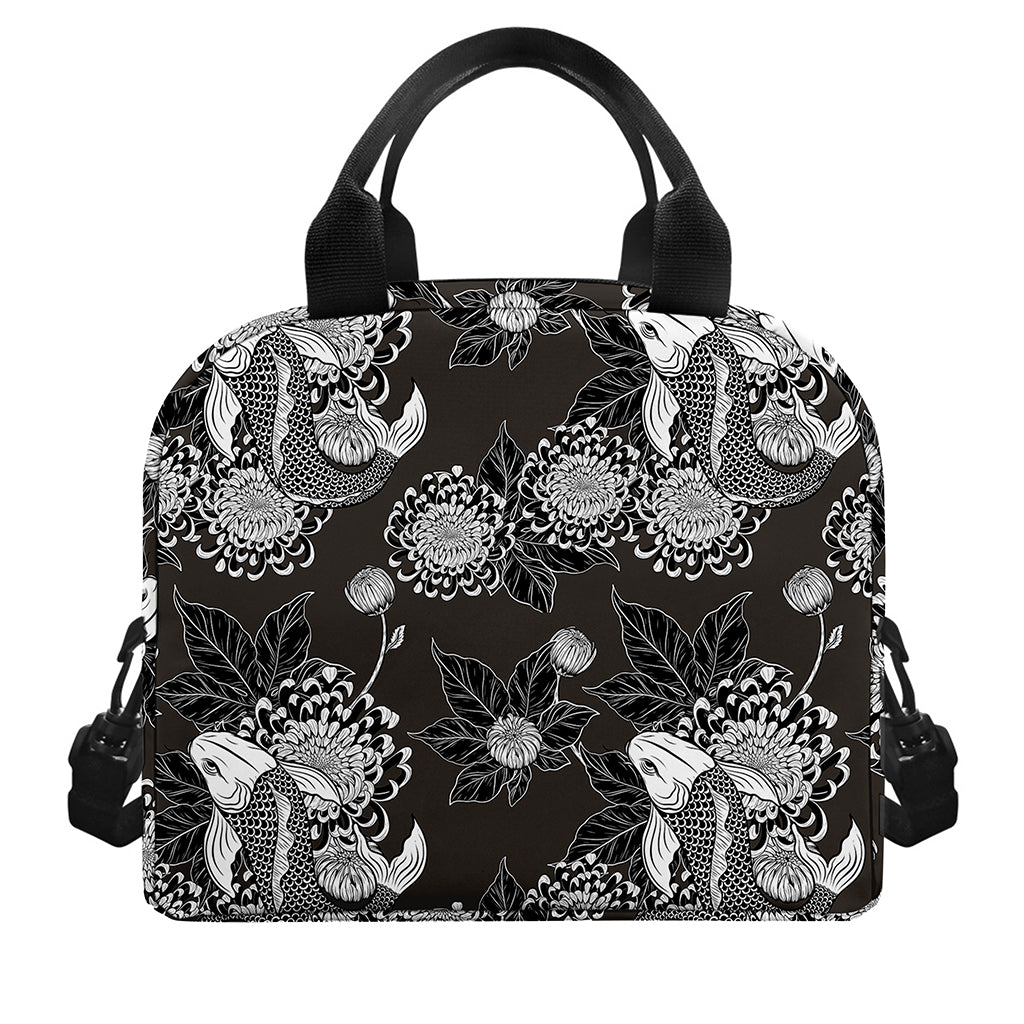 Koi Carp And Chrysanthemum Pattern Print Insulated Lunch Bag