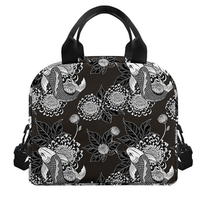 Koi Carp And Chrysanthemum Pattern Print Insulated Lunch Bag