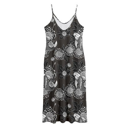 Koi Carp And Chrysanthemum Pattern Print Jersey Midi Cami Dress
