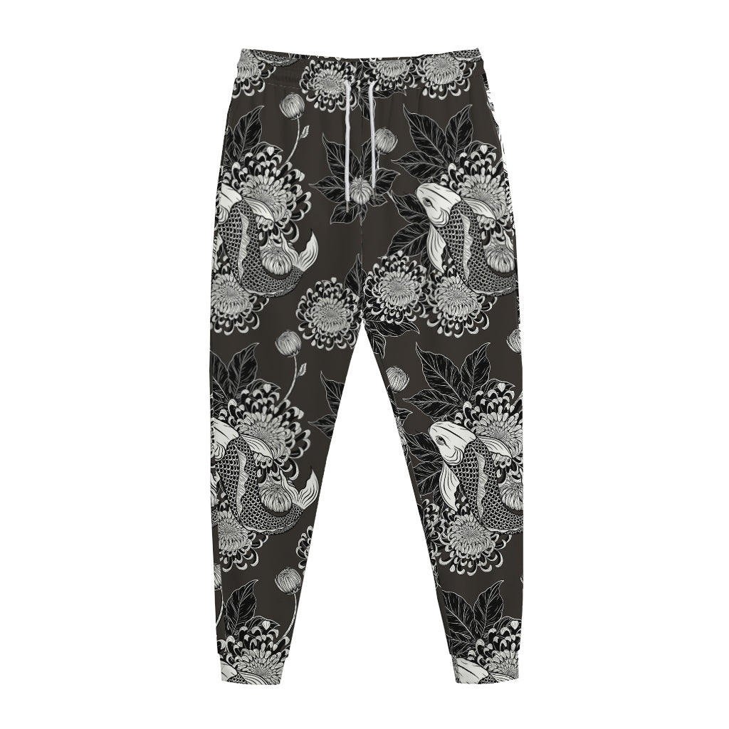 Koi Carp And Chrysanthemum Pattern Print Jogger Pants