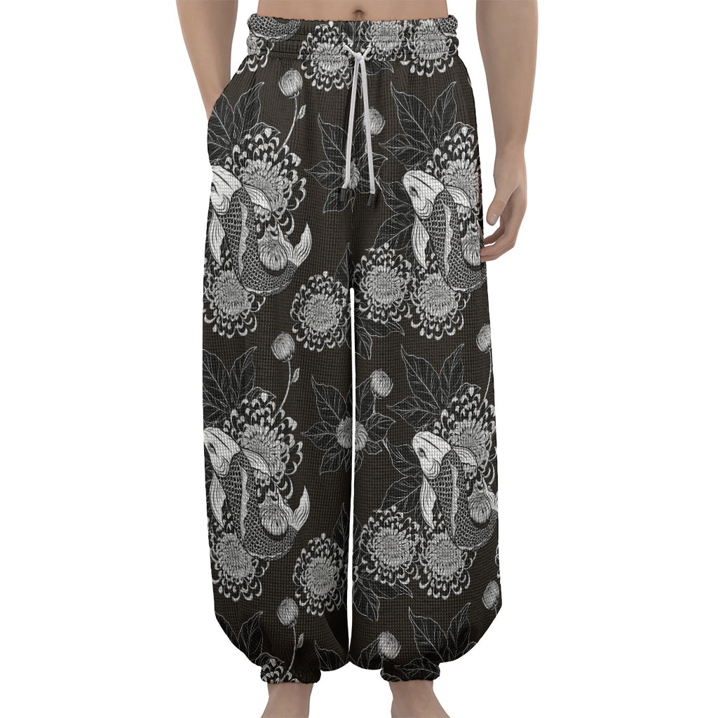 Koi Carp And Chrysanthemum Pattern Print Lantern Pants