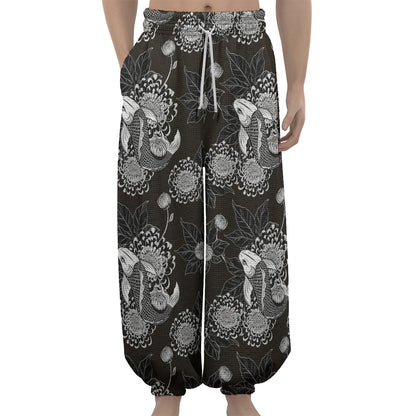 Koi Carp And Chrysanthemum Pattern Print Lantern Pants