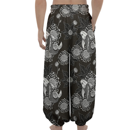 Koi Carp And Chrysanthemum Pattern Print Lantern Pants