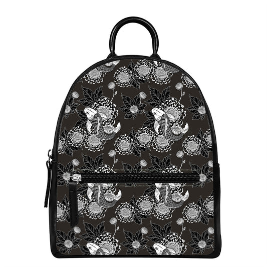 Koi Carp And Chrysanthemum Pattern Print Leather Backpack