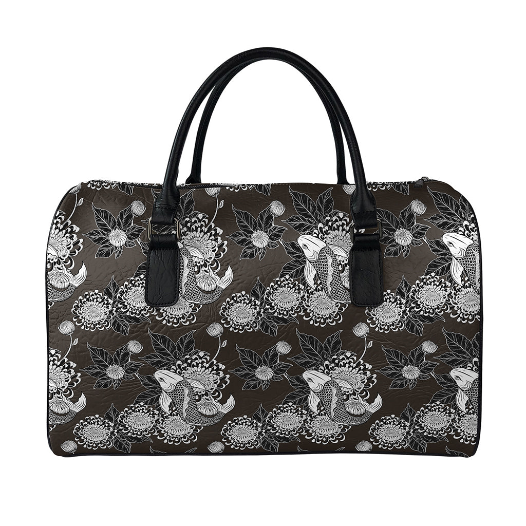 Koi Carp And Chrysanthemum Pattern Print Leather Duffle Bag