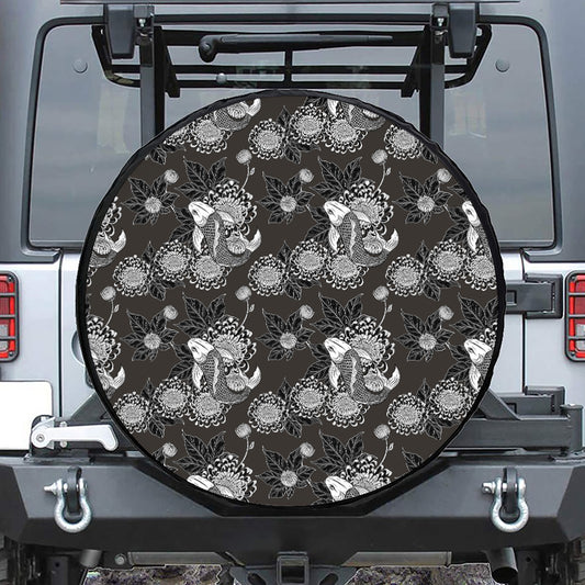 Koi Carp And Chrysanthemum Pattern Print Leather Spare Tire Cover