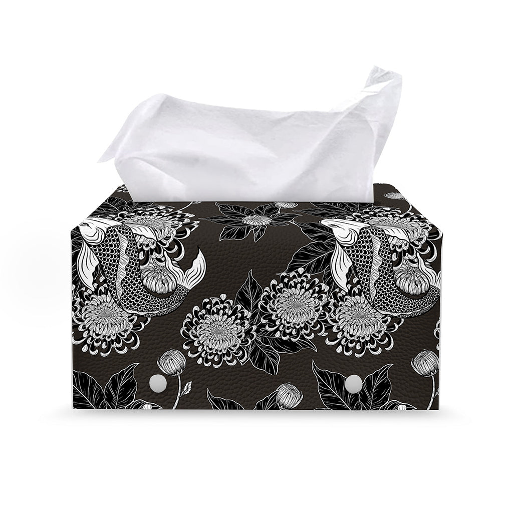 Koi Carp And Chrysanthemum Pattern Print Leather Tissue Box Cover