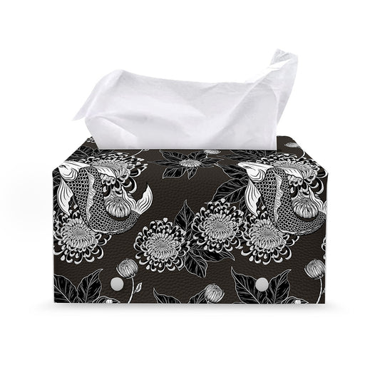 Koi Carp And Chrysanthemum Pattern Print Leather Tissue Box Cover