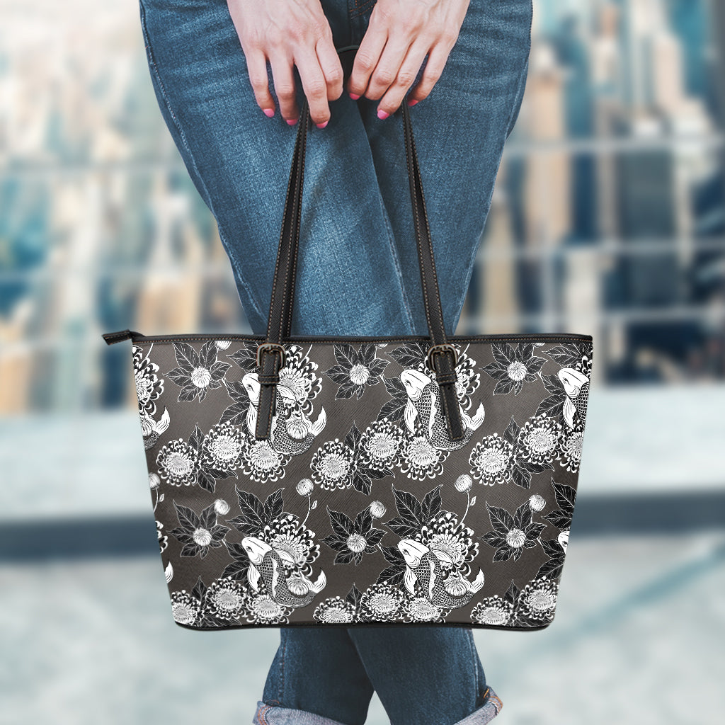 Koi Carp And Chrysanthemum Pattern Print Leather Tote Bag