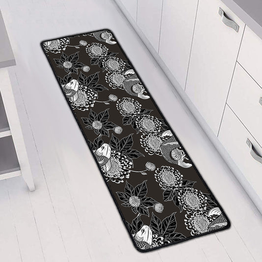 Koi Carp And Chrysanthemum Pattern Print Long Kitchen Mat