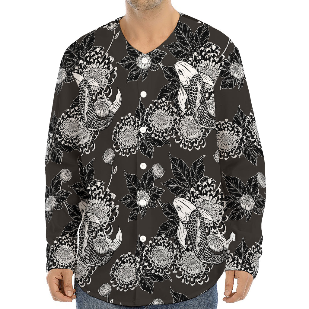 Koi Carp And Chrysanthemum Pattern Print Long Sleeve Baseball Jersey