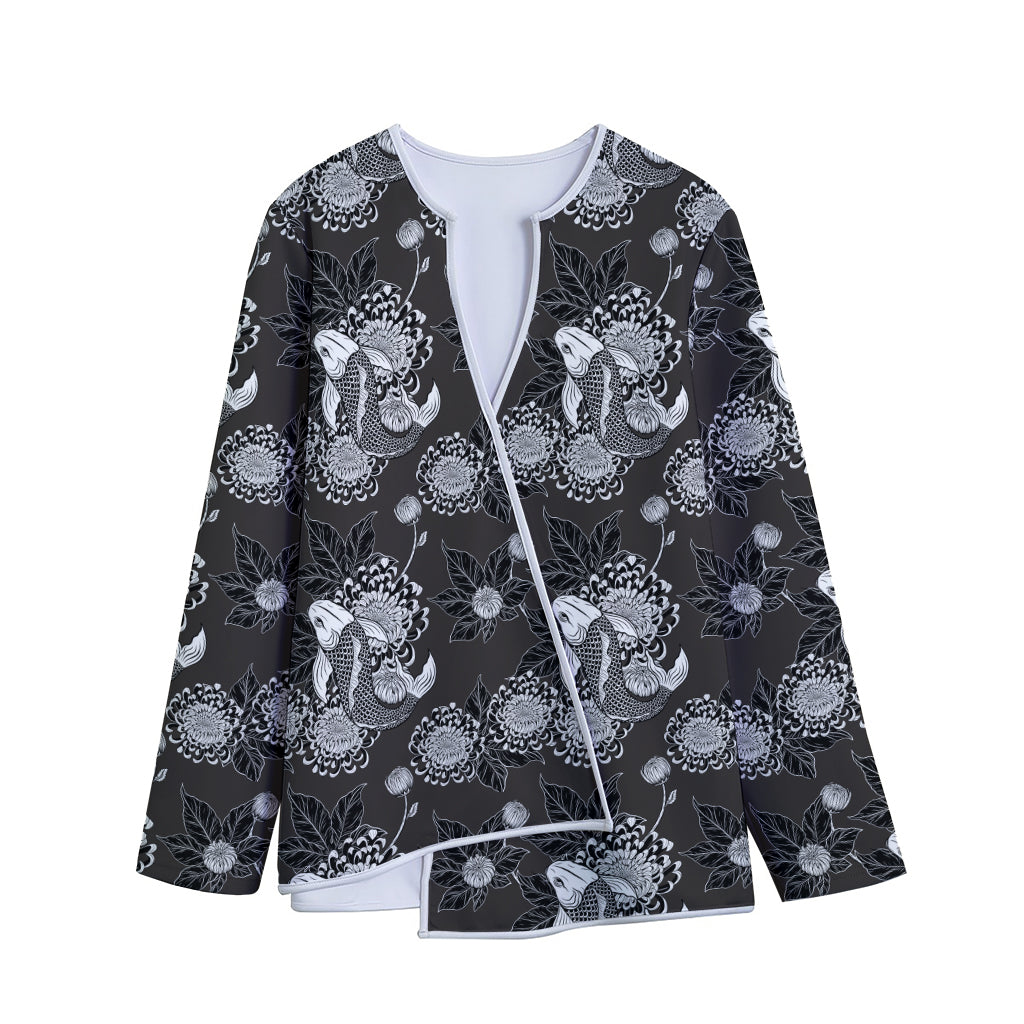 Koi Carp And Chrysanthemum Pattern Print Long Sleeve Short Coat