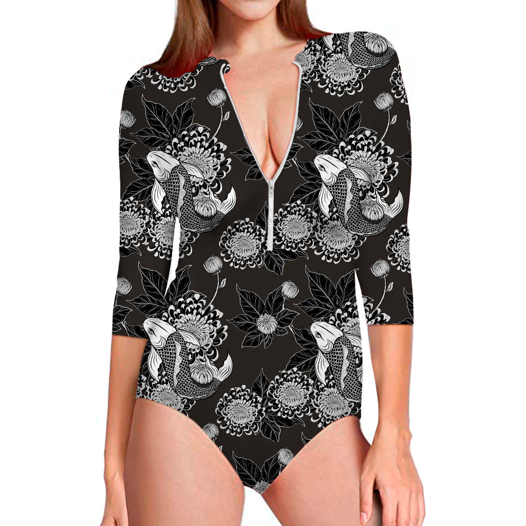 Koi Carp And Chrysanthemum Pattern Print Long Sleeve Swimsuit