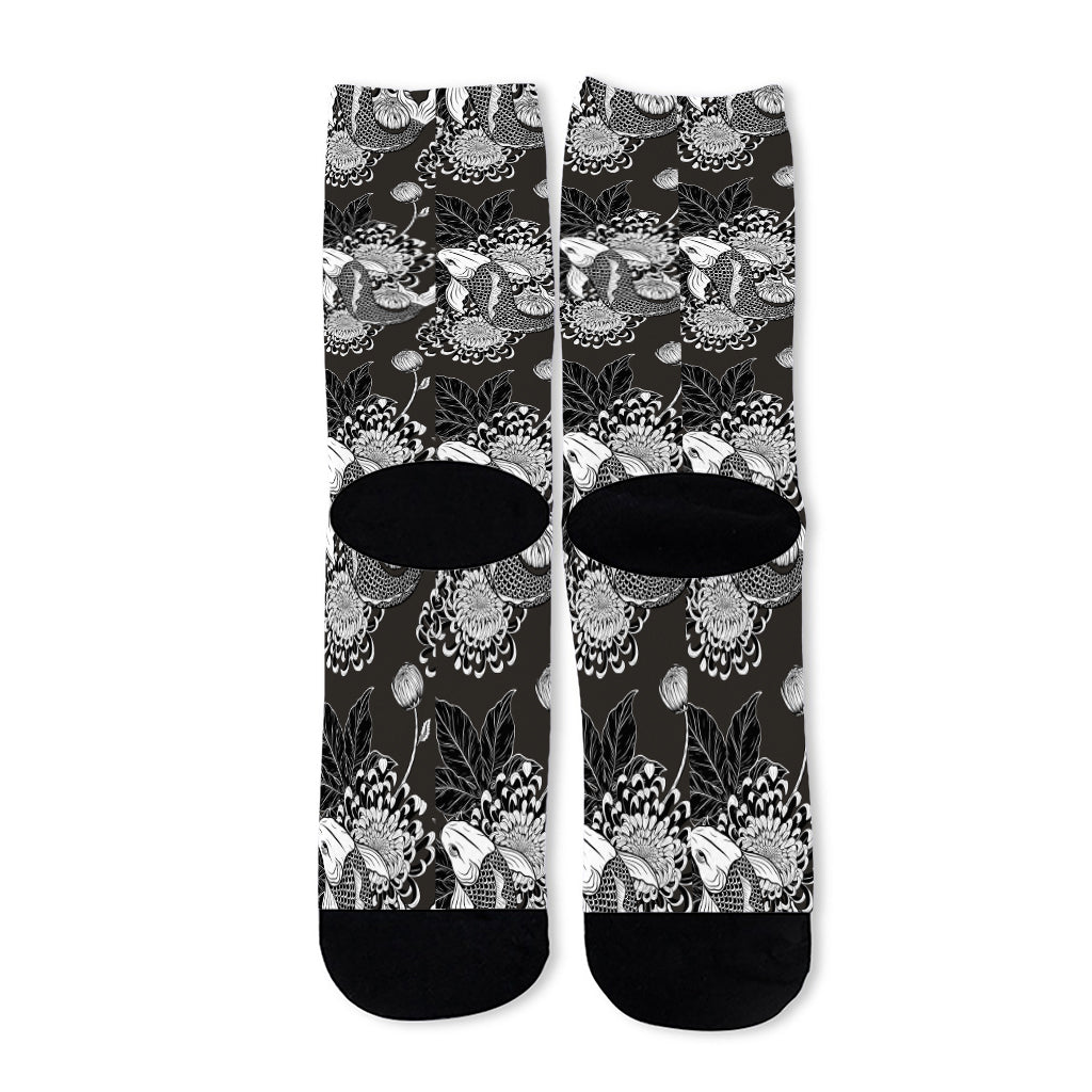 Koi Carp And Chrysanthemum Pattern Print Long Socks