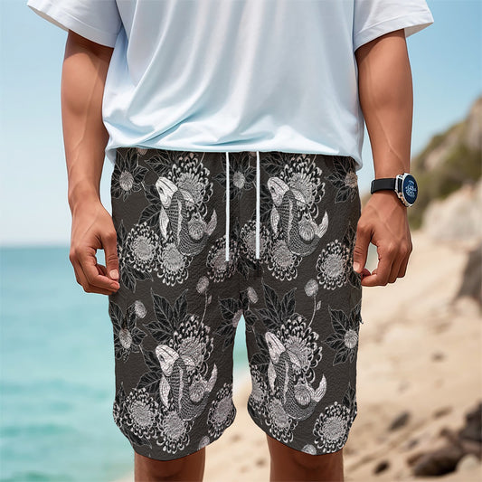Koi Carp And Chrysanthemum Pattern Print Men's Cargo Shorts