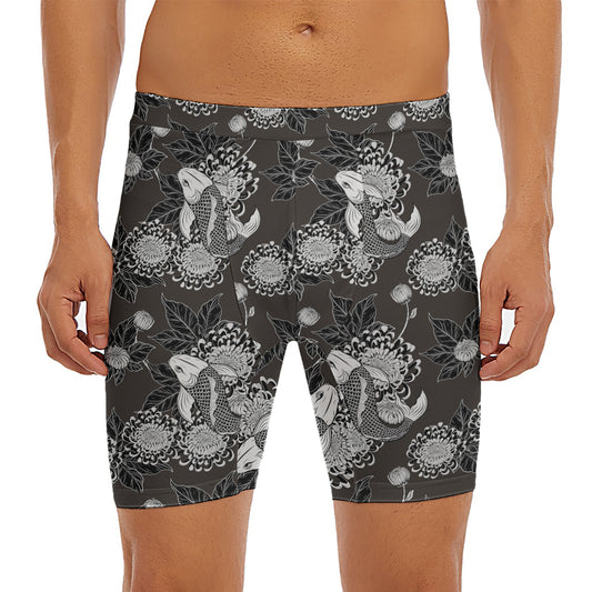 Koi Carp And Chrysanthemum Pattern Print Men's Long Boxer Briefs