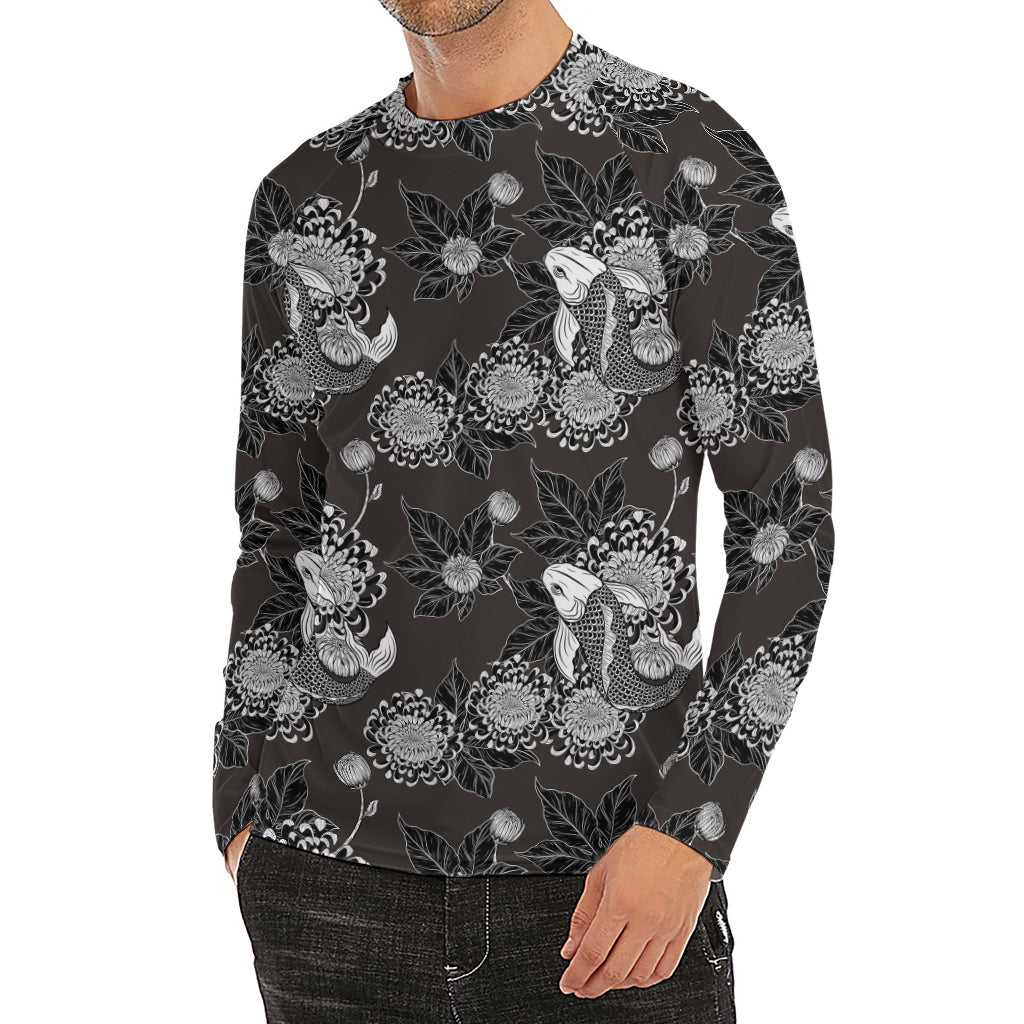 Koi Carp And Chrysanthemum Pattern Print Men's Long Sleeve Rash Guard
