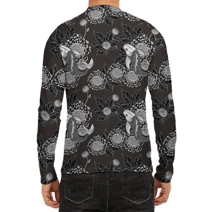 Koi Carp And Chrysanthemum Pattern Print Men's Long Sleeve Rash Guard
