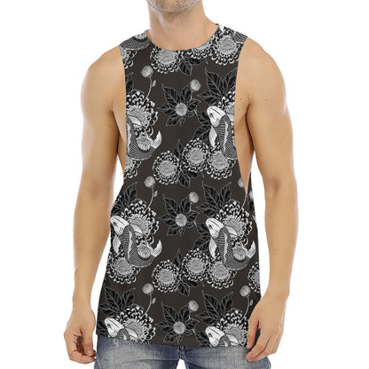 Koi Carp And Chrysanthemum Pattern Print Men's Muscle Tank Top