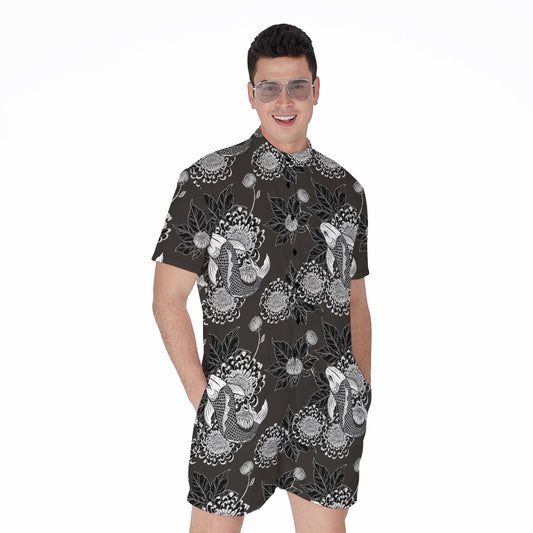 Koi Carp And Chrysanthemum Pattern Print Men's Rompers