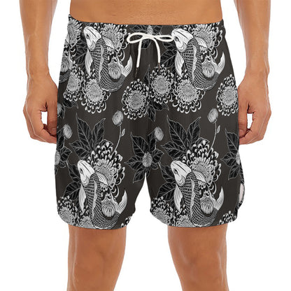 Koi Carp And Chrysanthemum Pattern Print Men's Split Running Shorts
