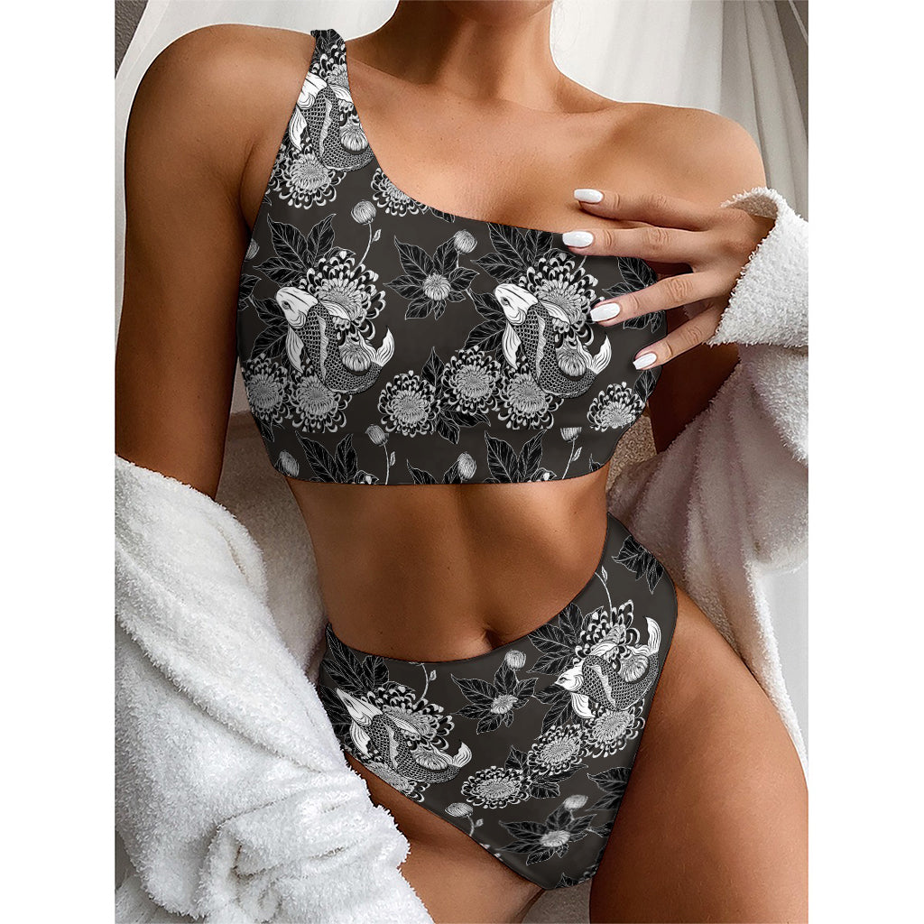 Koi Carp And Chrysanthemum Pattern Print One Shoulder Bikini Top