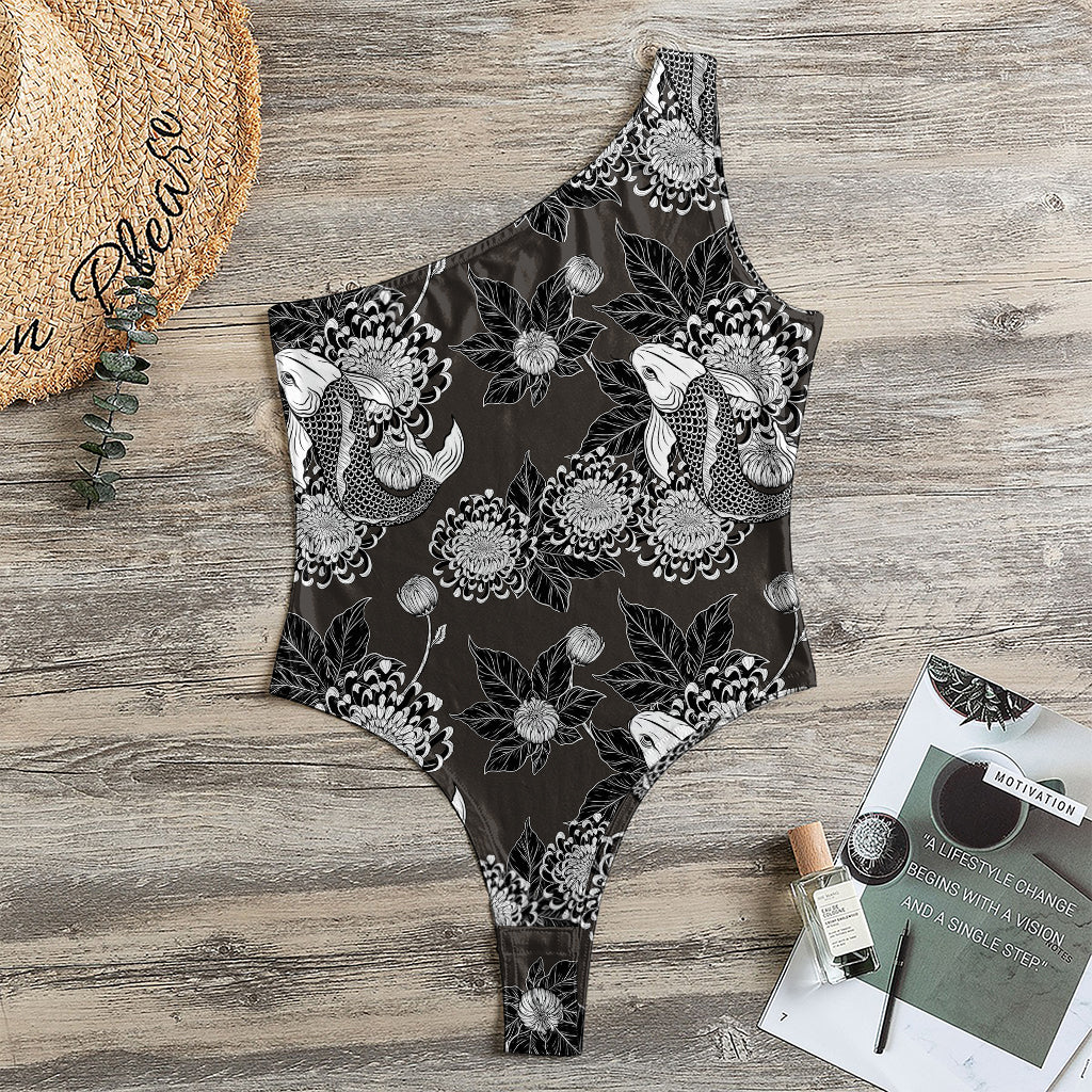 Koi Carp And Chrysanthemum Pattern Print One Shoulder Bodysuit