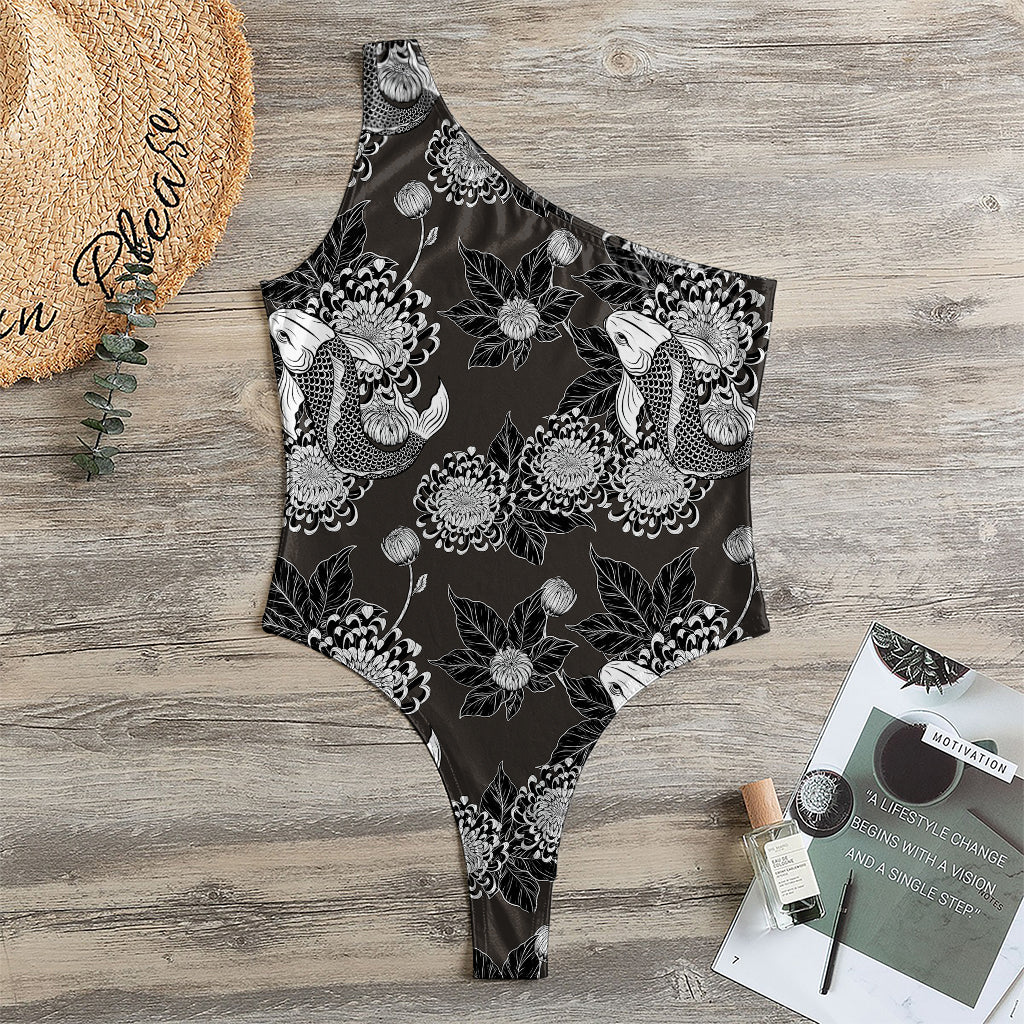 Koi Carp And Chrysanthemum Pattern Print One Shoulder Bodysuit