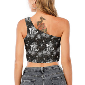 Koi Carp And Chrysanthemum Pattern Print One Shoulder Crop Top