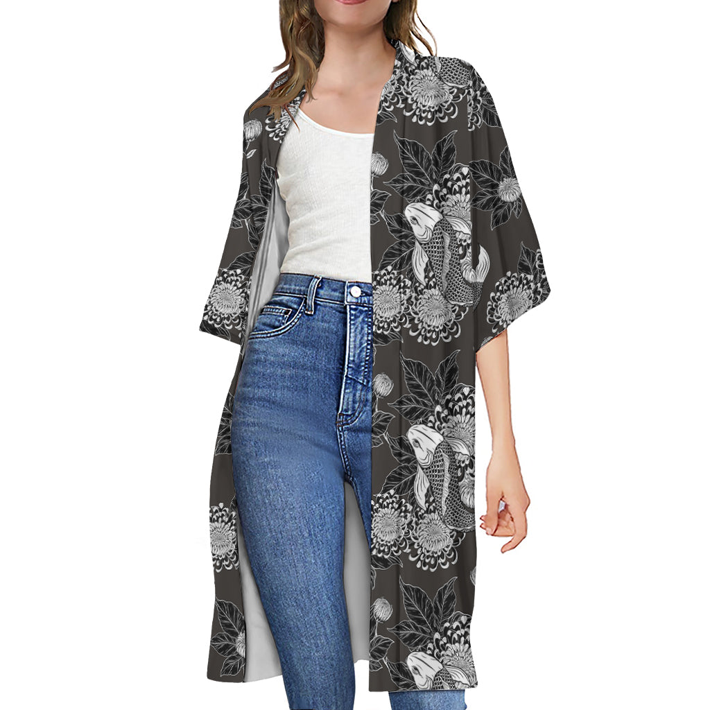 Koi Carp And Chrysanthemum Pattern Print Open Front Beach Cover Up