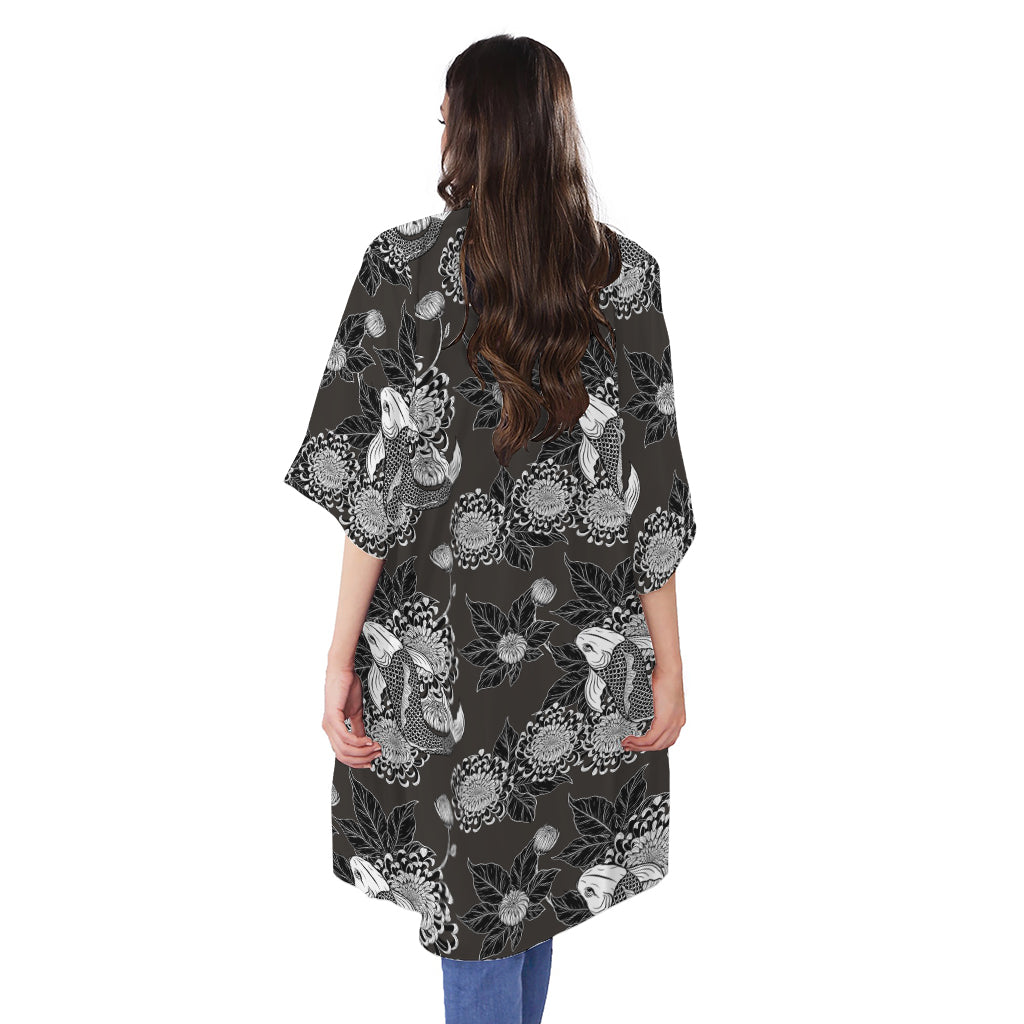 Koi Carp And Chrysanthemum Pattern Print Open Front Beach Cover Up