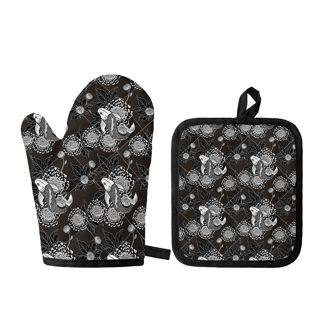 Koi Carp And Chrysanthemum Pattern Print Oven Mitt And Pot Holder Set