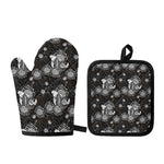 Koi Carp And Chrysanthemum Pattern Print Oven Mitt And Pot Holder Set