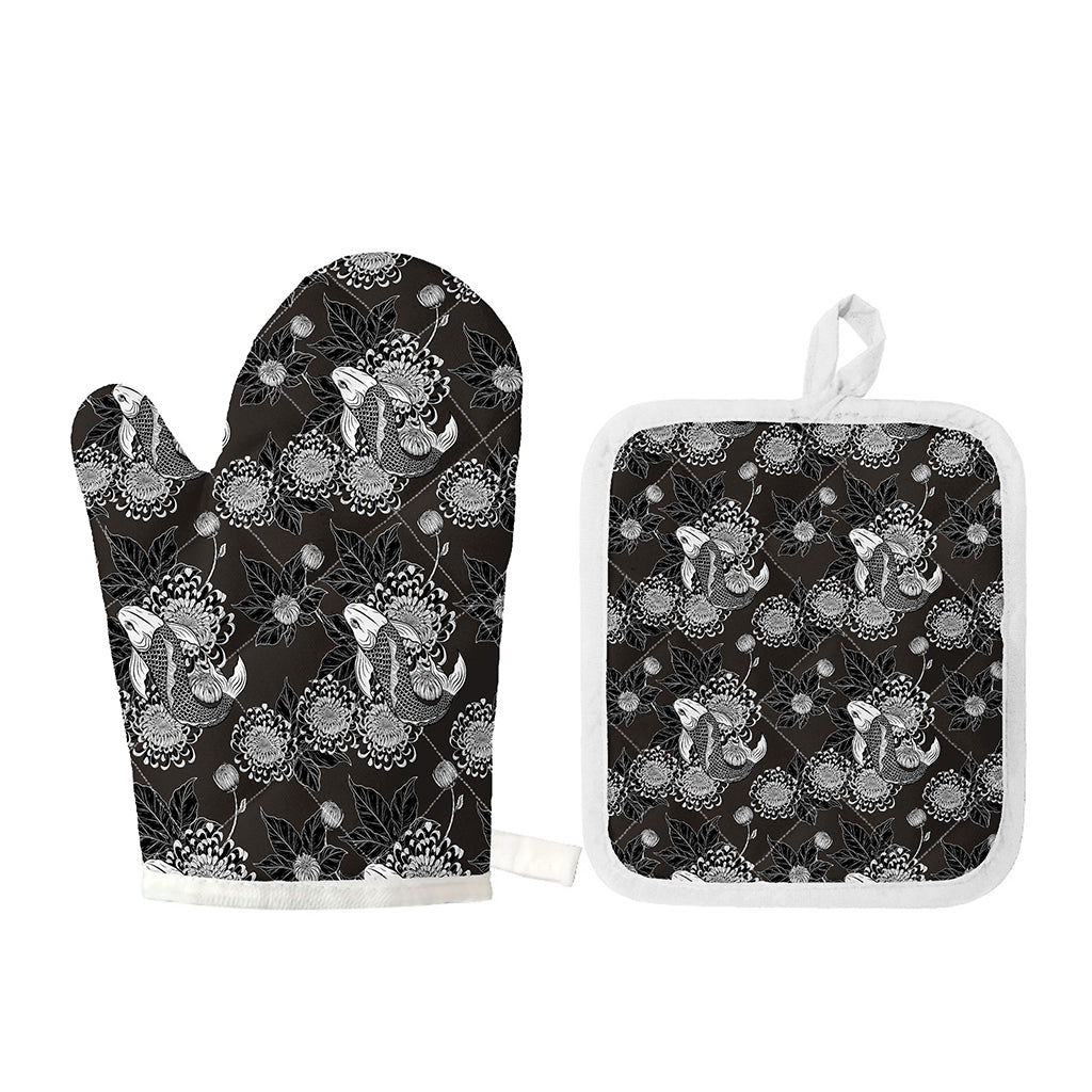 Koi Carp And Chrysanthemum Pattern Print Oven Mitt And Pot Holder Set