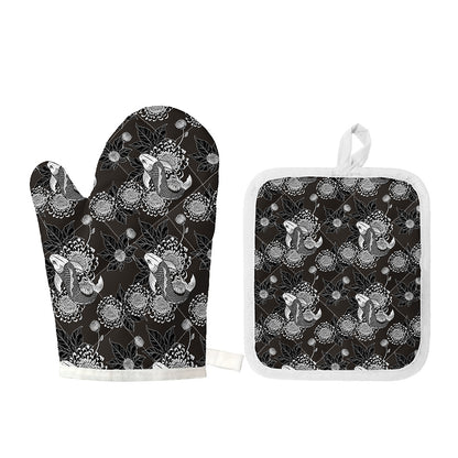 Koi Carp And Chrysanthemum Pattern Print Oven Mitt And Pot Holder Set