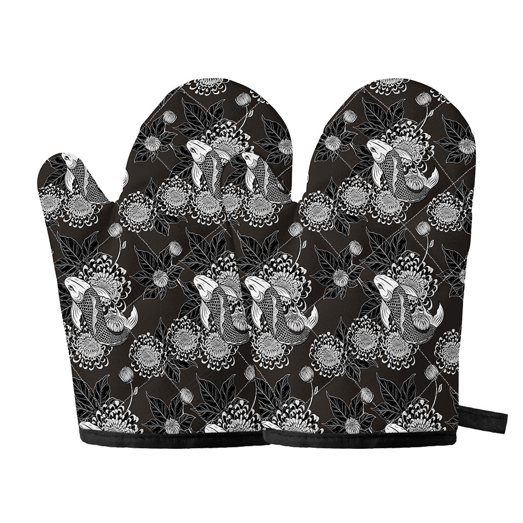 Koi Carp And Chrysanthemum Pattern Print Oven Mitts