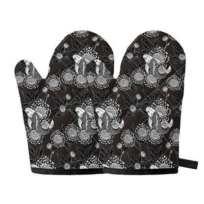 Koi Carp And Chrysanthemum Pattern Print Oven Mitts