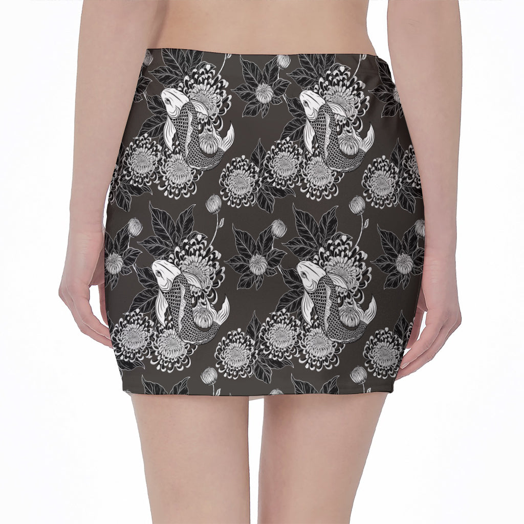 Koi Carp And Chrysanthemum Pattern Print Pencil Mini Skirt