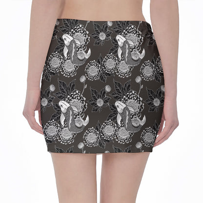 Koi Carp And Chrysanthemum Pattern Print Pencil Mini Skirt