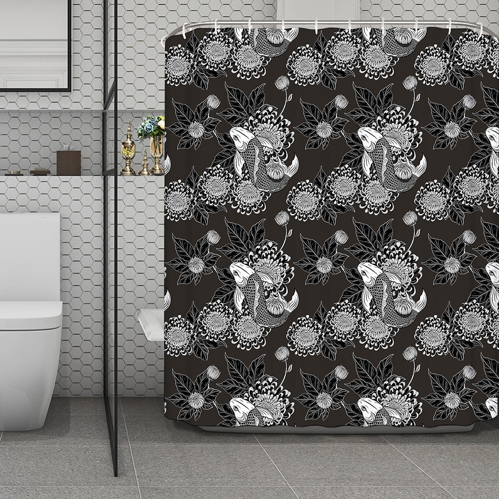 Koi Carp And Chrysanthemum Pattern Print Polyester Shower Curtain