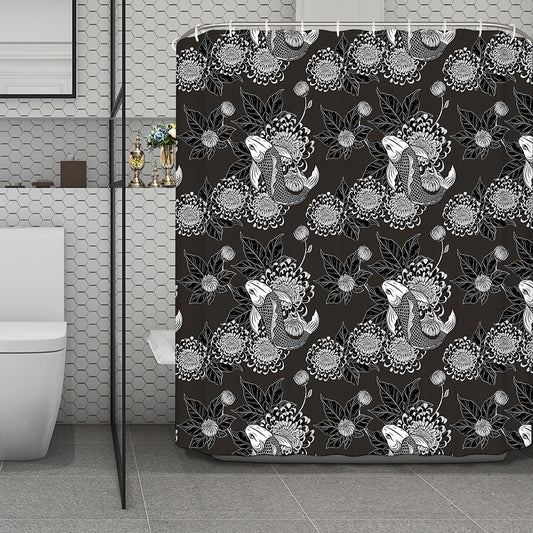 Koi Carp And Chrysanthemum Pattern Print Polyester Shower Curtain